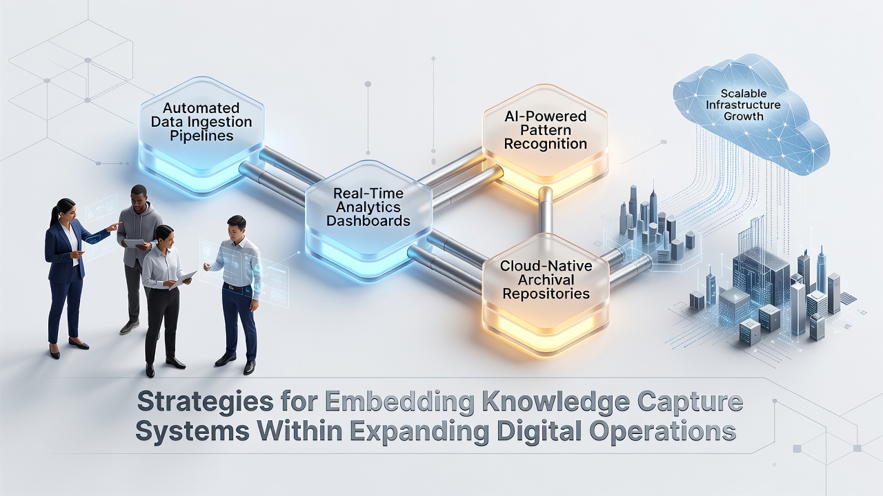 Team collaborating on knowledge management dashboard with embedded capture features in a modern office setting